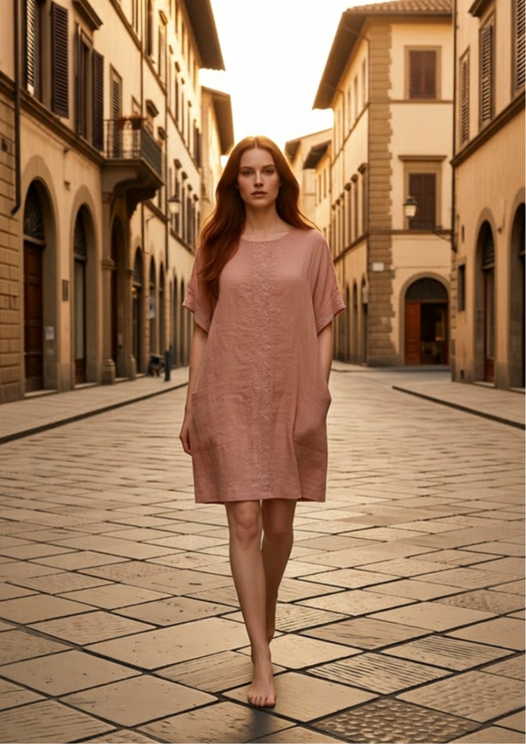 Vestido Corto - Rosa - Lino 100%