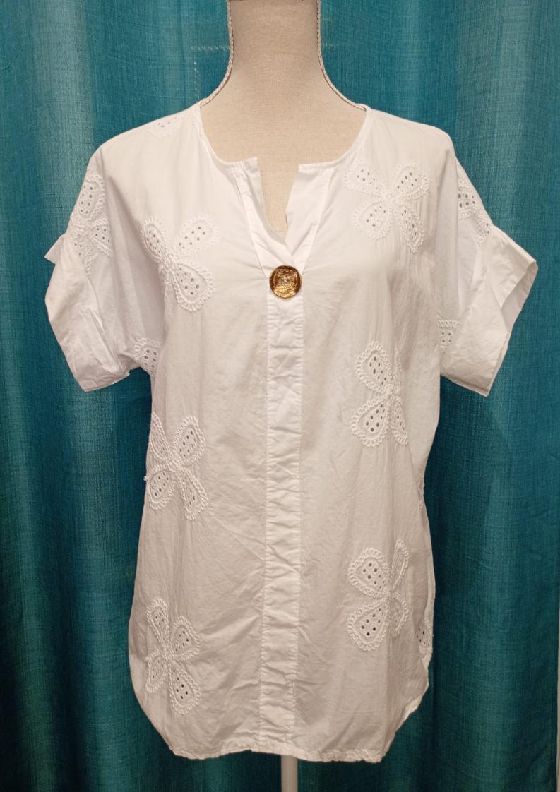 Blusa - Blanca Bordado Flores- Algodón 100%