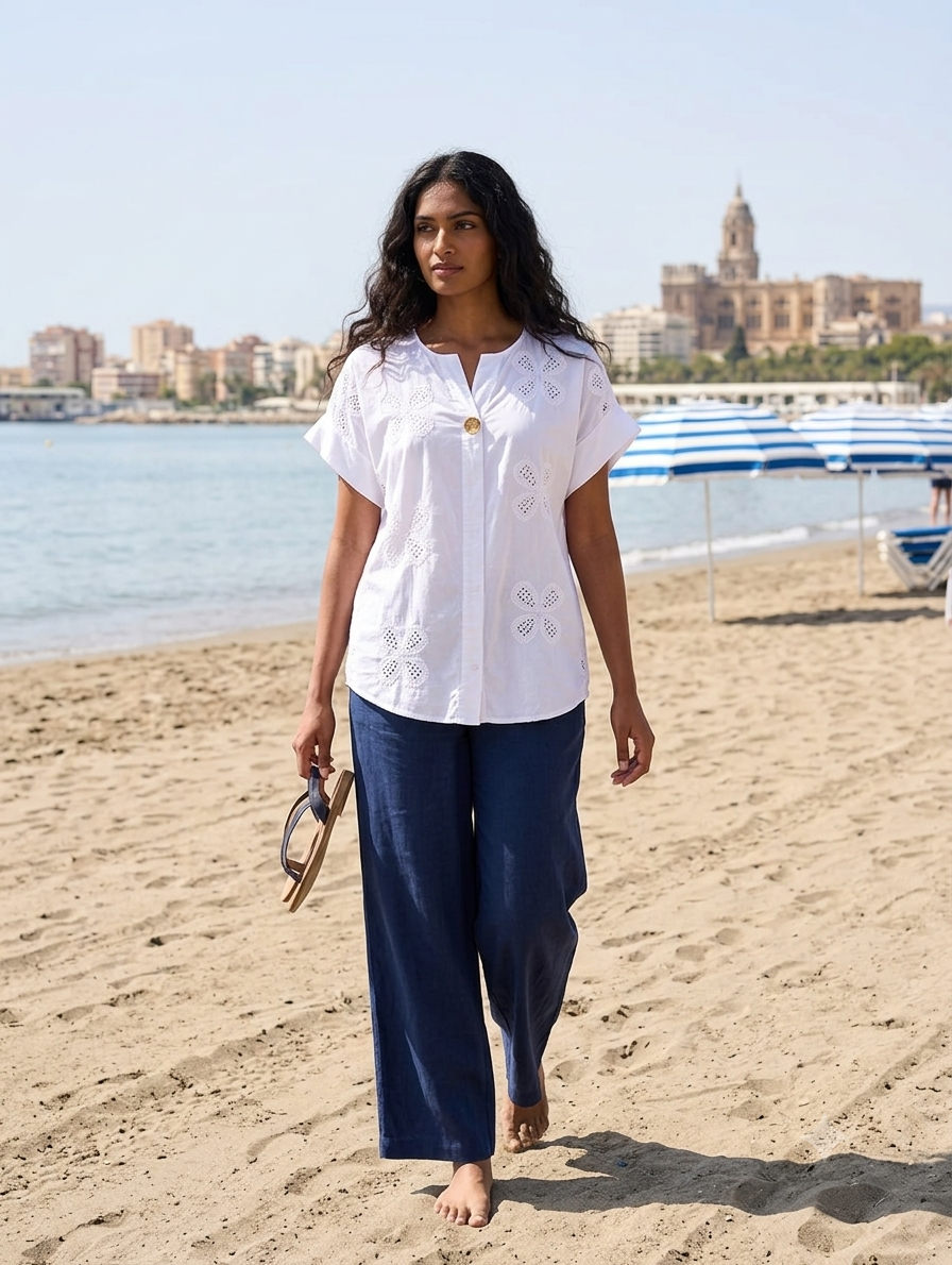 Blusa - Blanca Bordado Flores- Algodón 100%