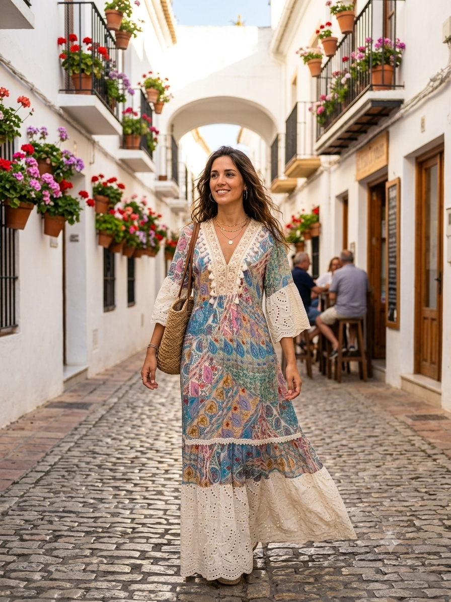 Vestido Estilo Boho - Azul - Baige - Viscosa y Algodon