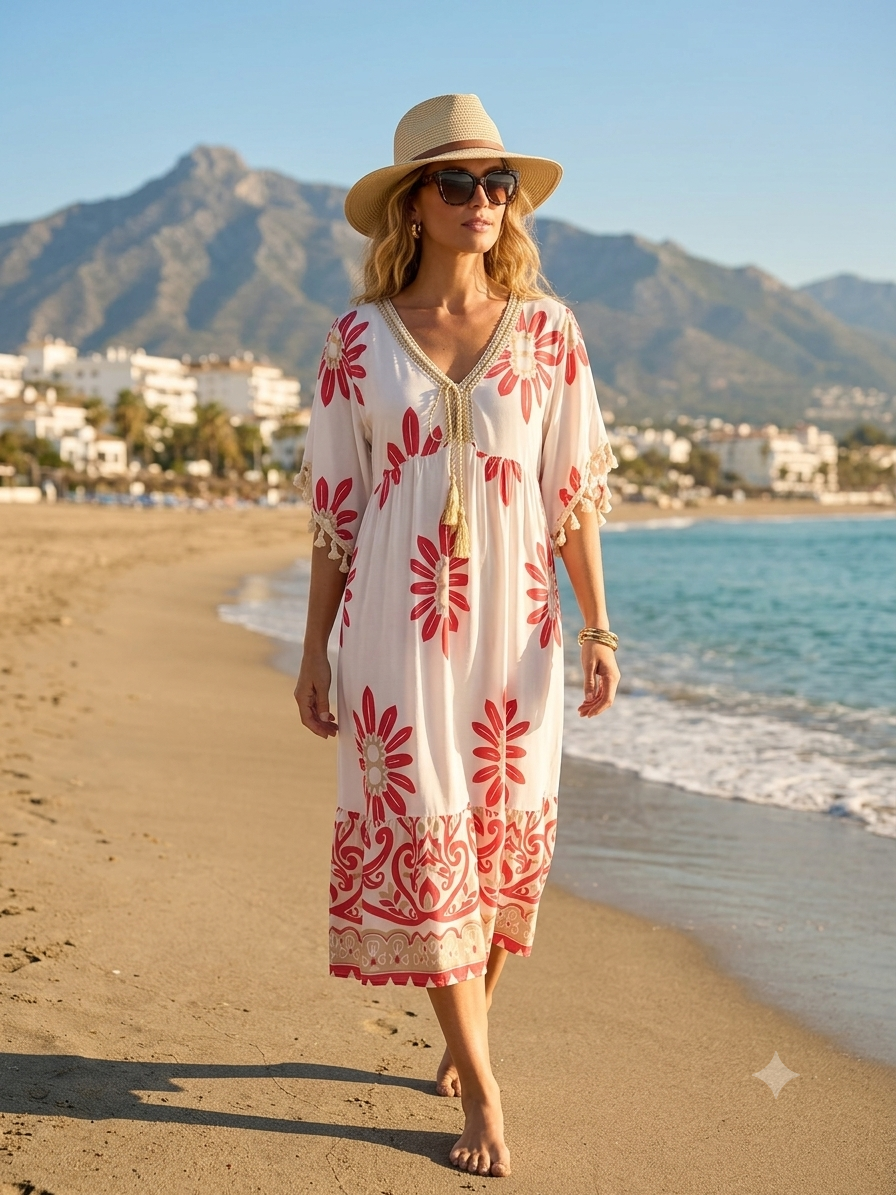 Vestido Midi - Estampado - Blanco -Coral - Viscosa 100% Bohemio