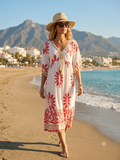 Vestido Midi - Estampado - Blanco -Coral - Viscosa 100% Bohemio