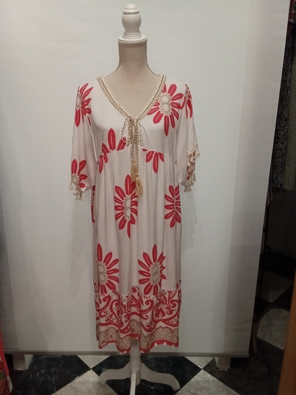 Vestido Midi - Estampado - Blanco -Coral - Viscosa 100% Bohemio