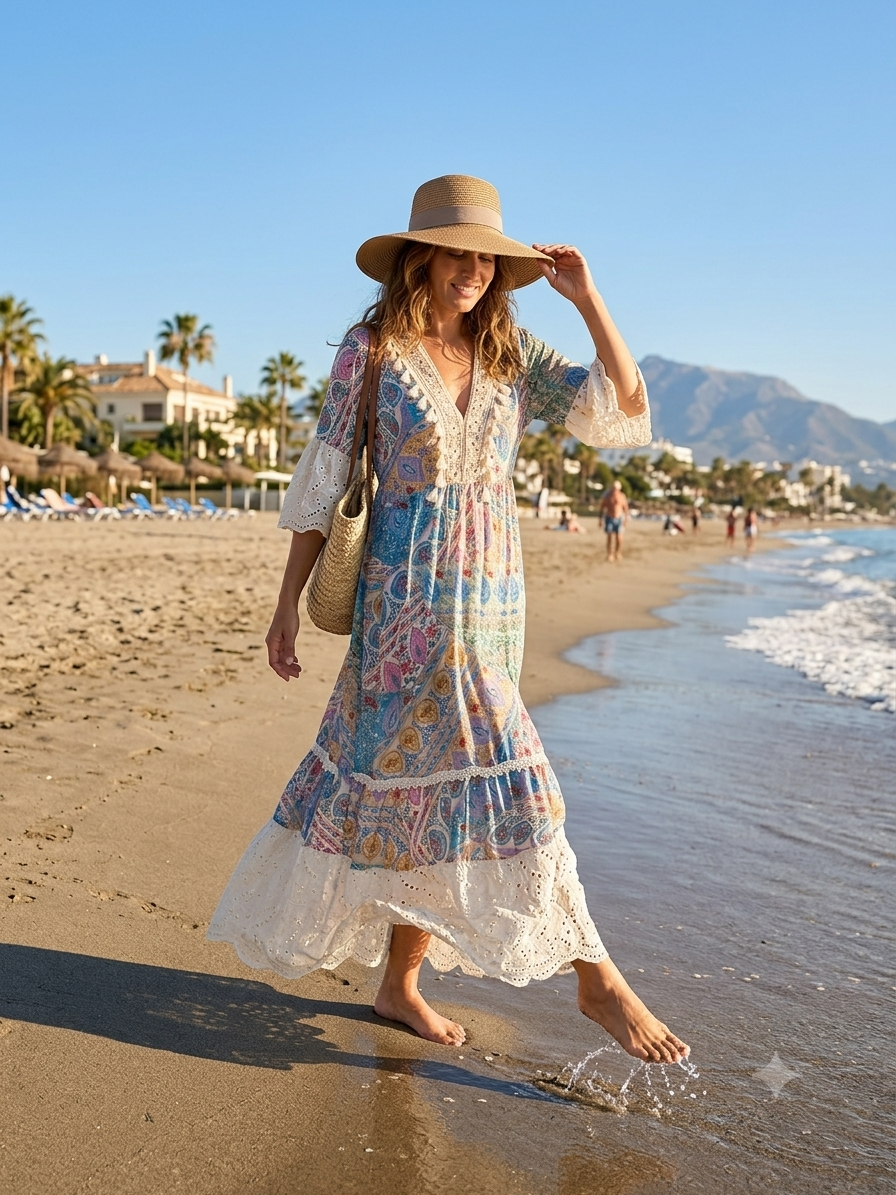 Vestido Estilo Boho - Azul - Baige - Viscosa y Algodon