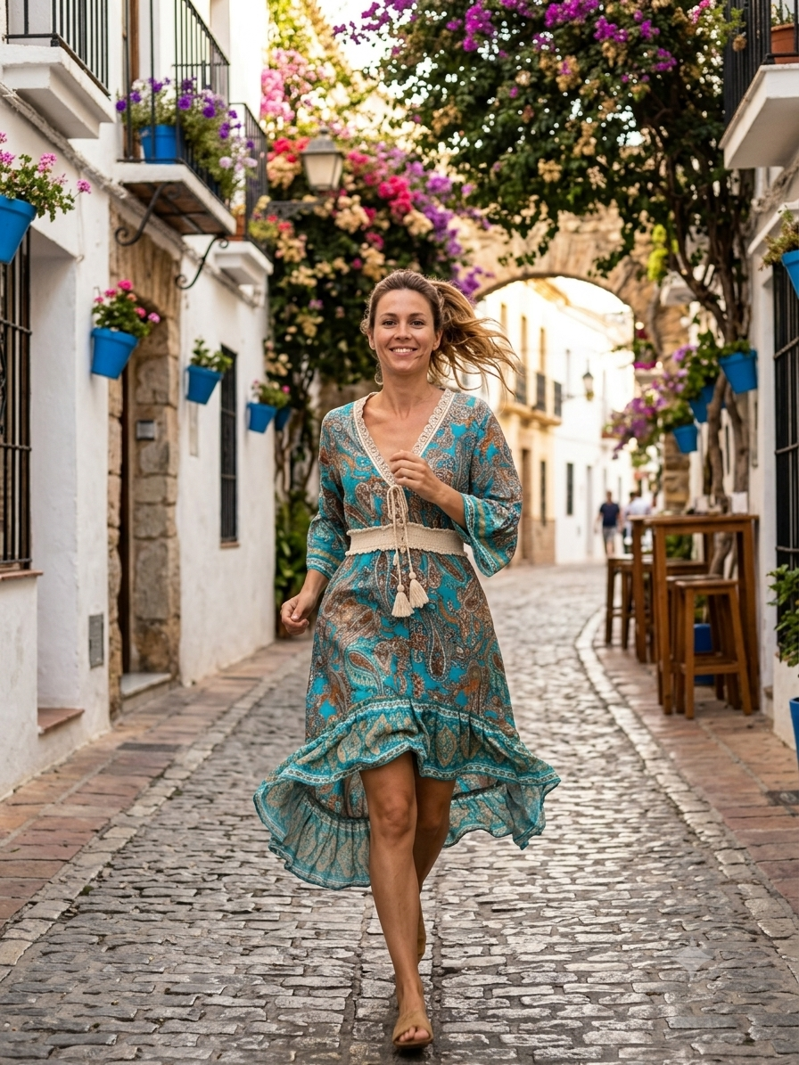 Vestido Largo -  Beige y Turquesa - 100% Viscosa