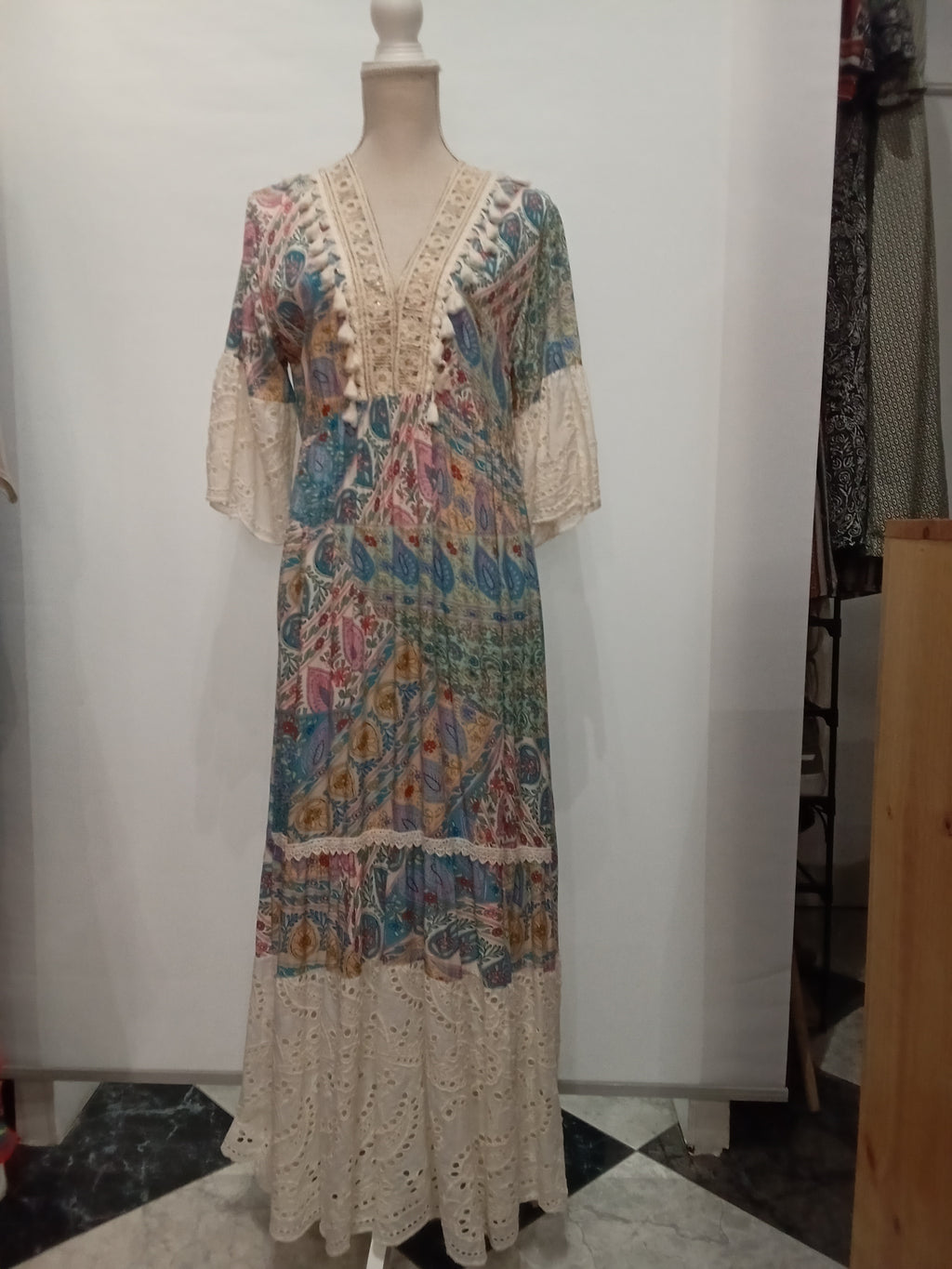 Vestido Estilo Boho - Azul - Baige - Viscosa y Algodon