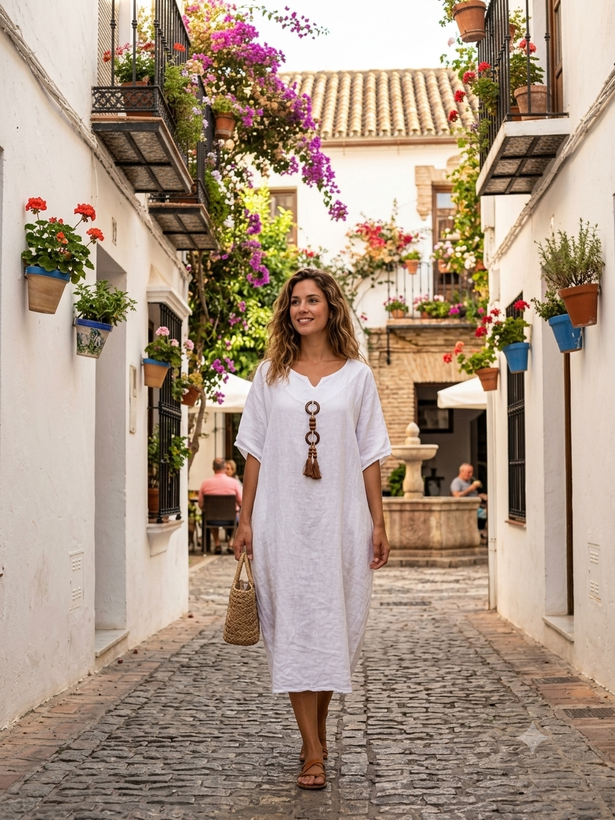 Vestido Lino 100% - Estilo Ibicenco - Boho Chic - Blanco