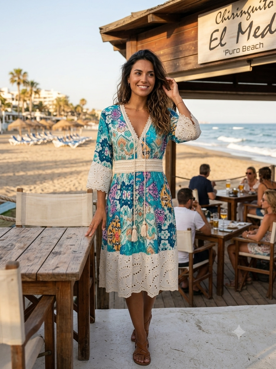 Vestido Estilo Boho - Azul - Viscosa y Algodon