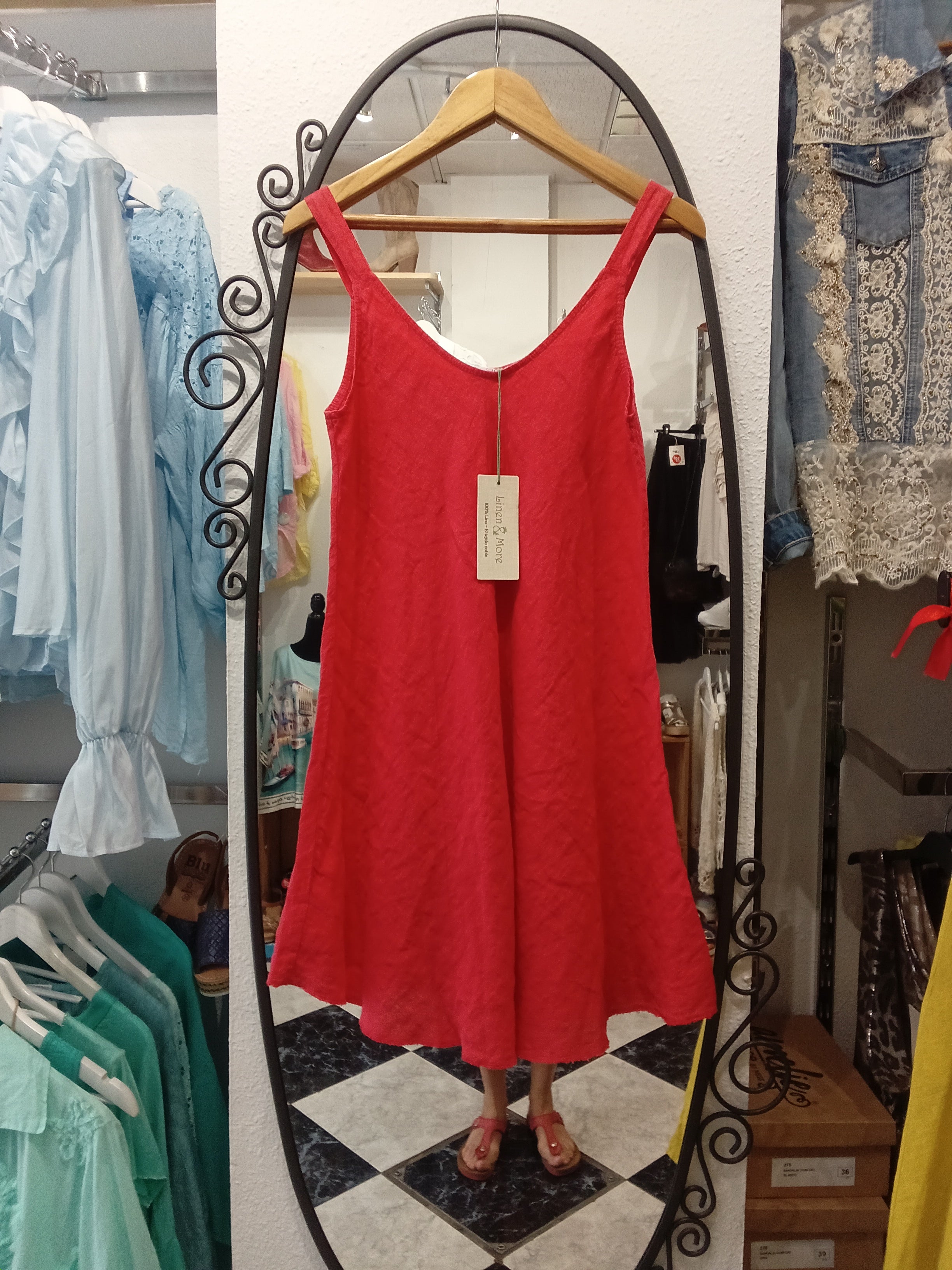 Vestido Corto - Rojo Coral - Lino 100%