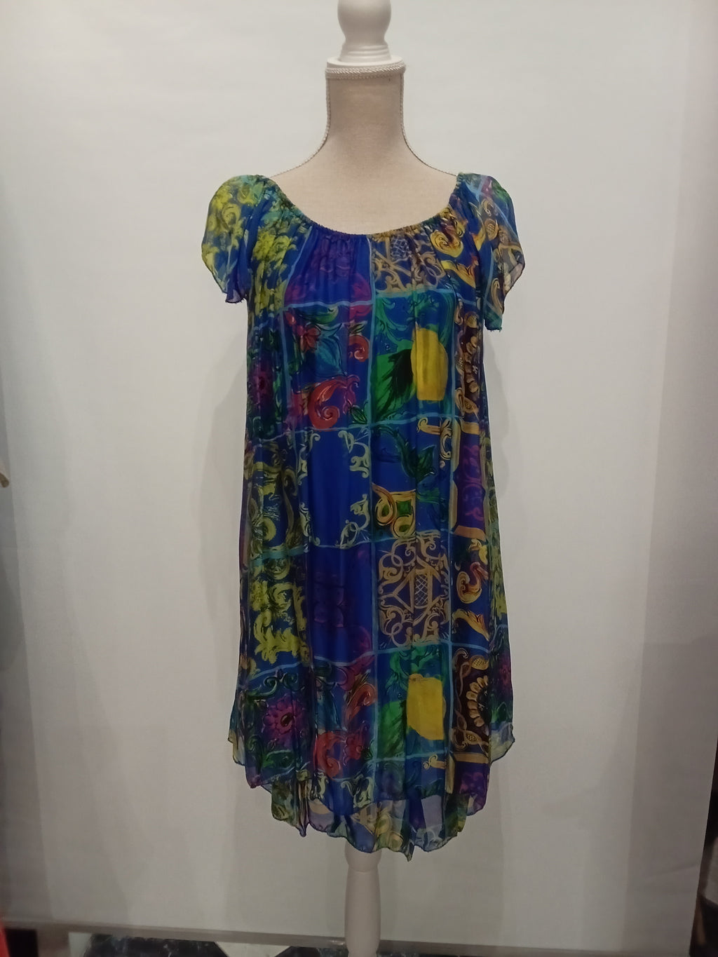 Vestido Midi - Estampado - Azul- Seda - Viscosa