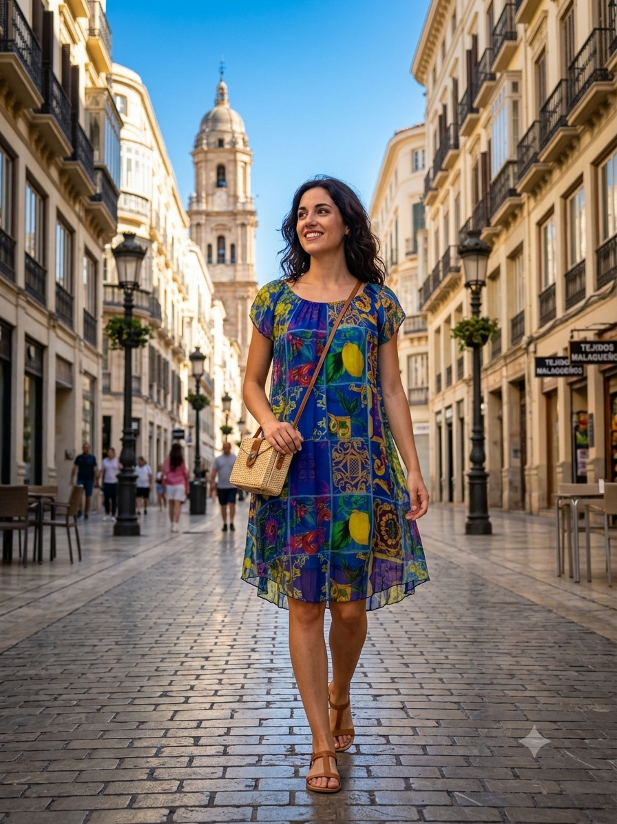 Vestido Midi - Estampado - Azul- Seda - Viscosa