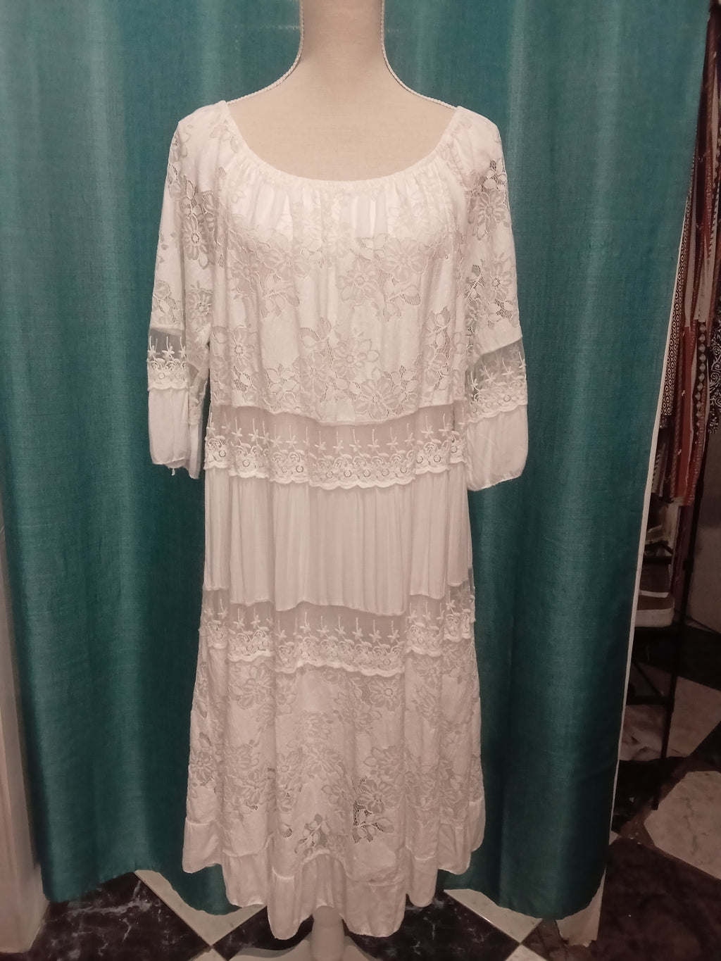 Vestido Estilo Boho - Blanco - Viscosa y Algodon