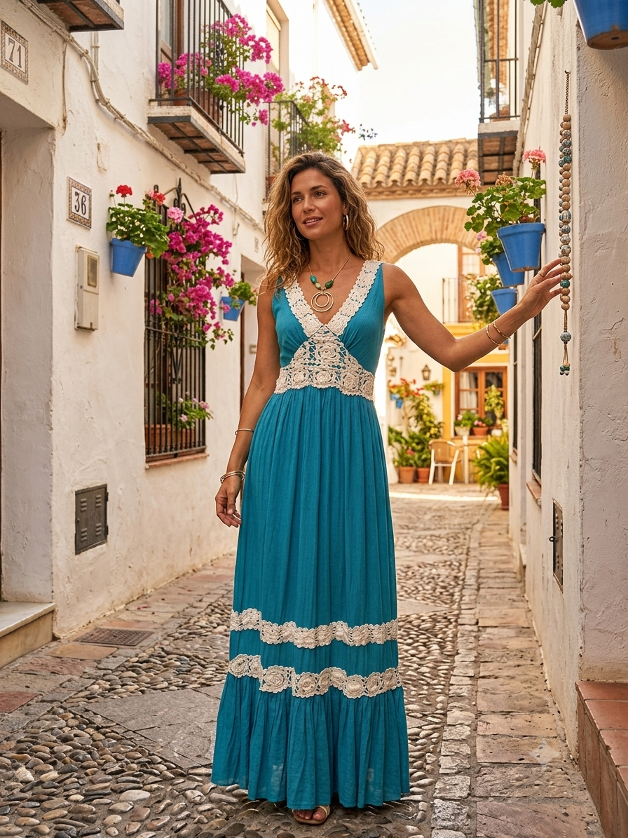 Vestido Largo - Azul- Estilo Ibicenco - Boho Chic 100%Algodon - Marca JOT