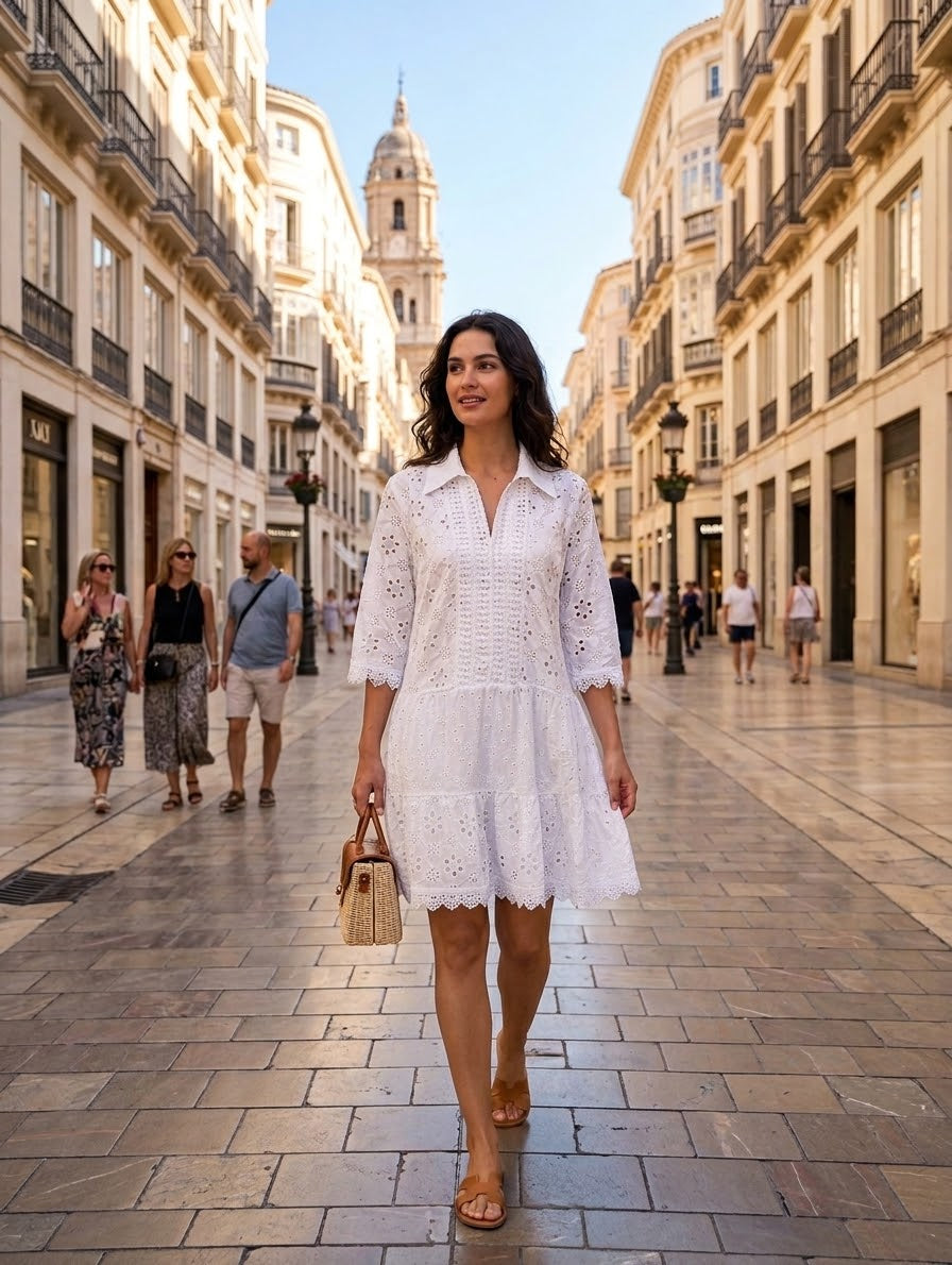 Vestido Corto - Blanco - Estilo Boho - 100% Algodon