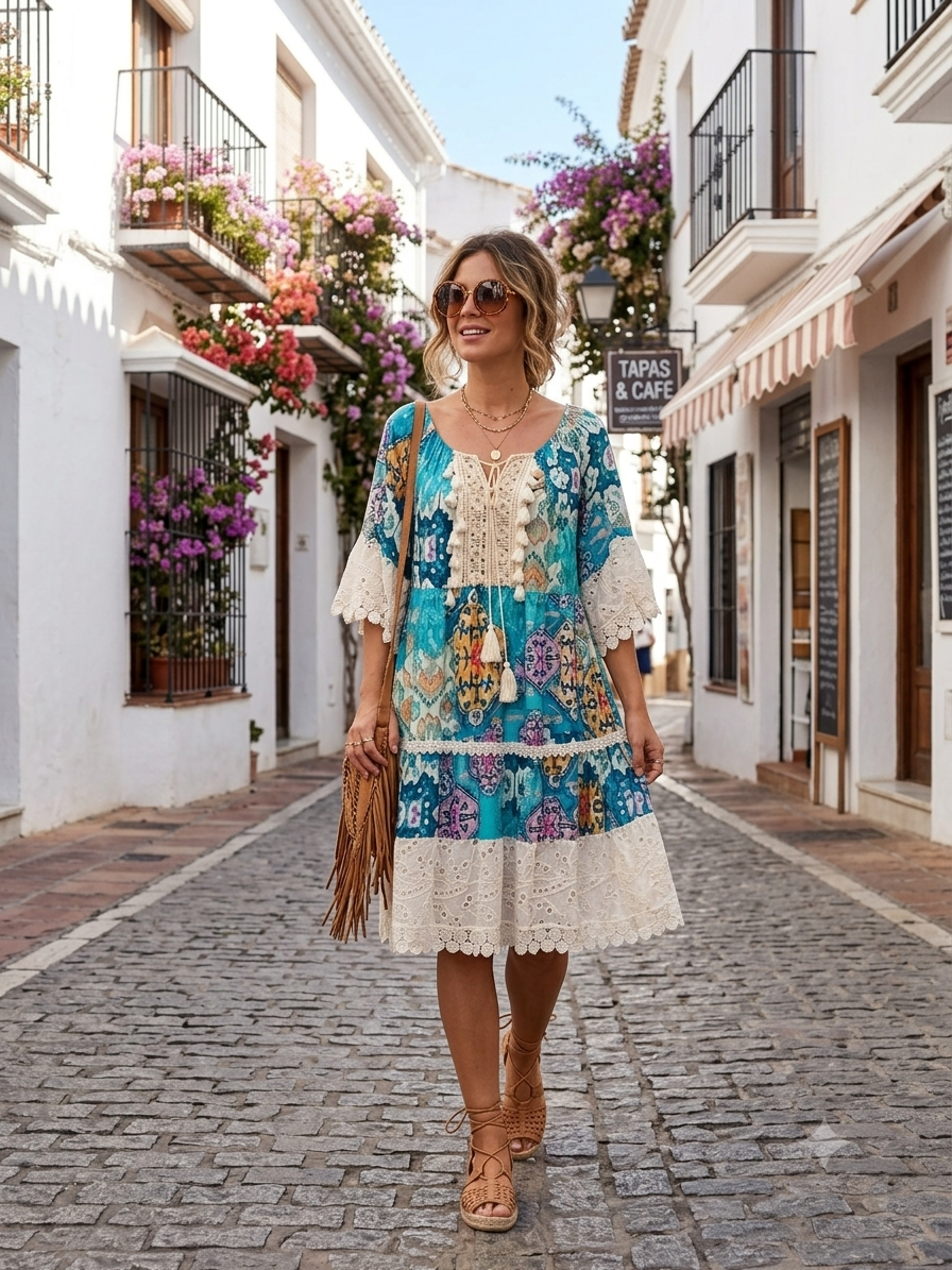 Vestido Estilo Boho - Azul - Viscosa y Algodon