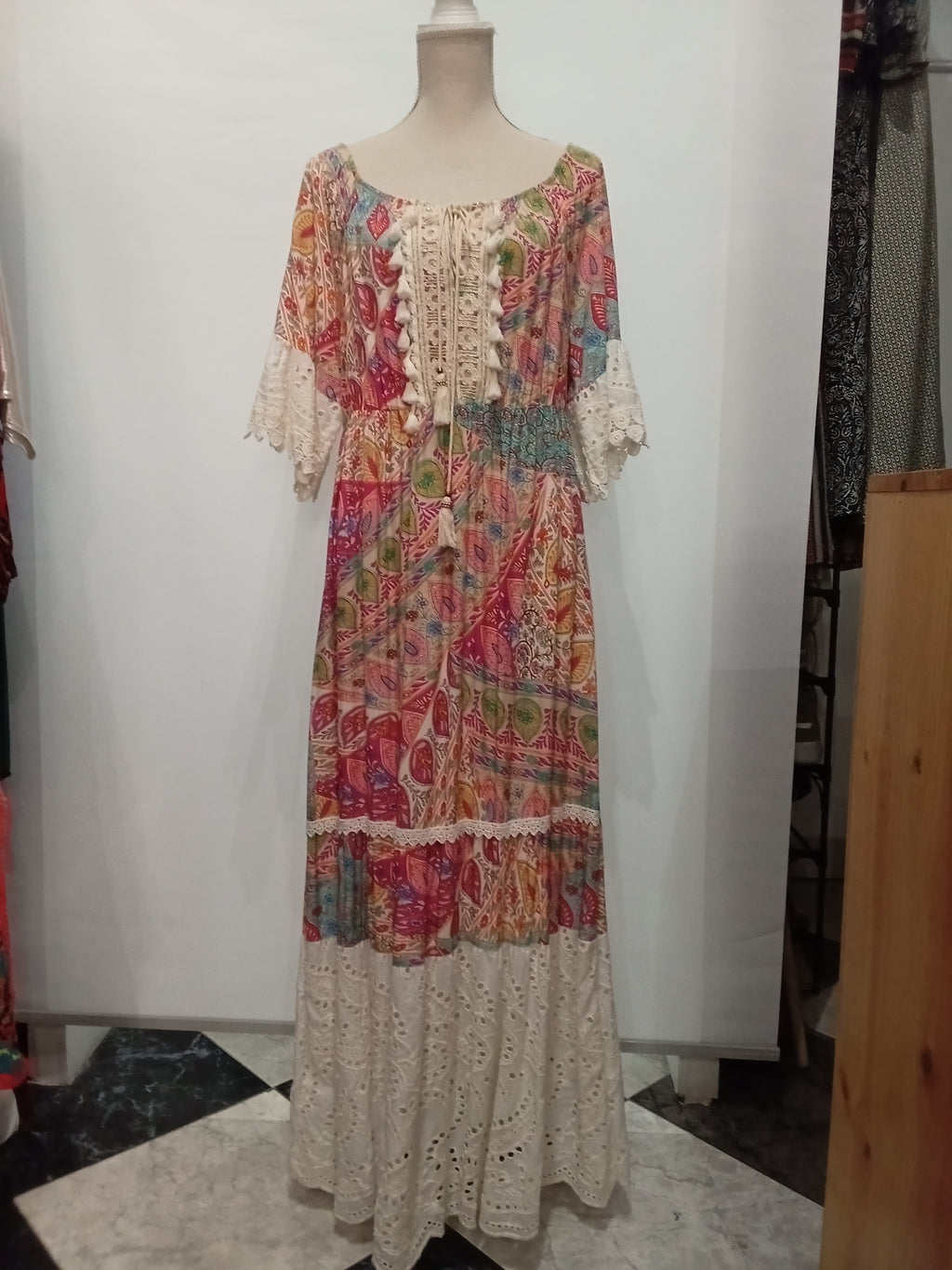 Vestido Estilo Boho - Azul - Baige - Viscosa y Algodon